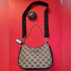 NWT BEBE Agathe Jacquard Crystal Crossbody w/cc beige & black color.